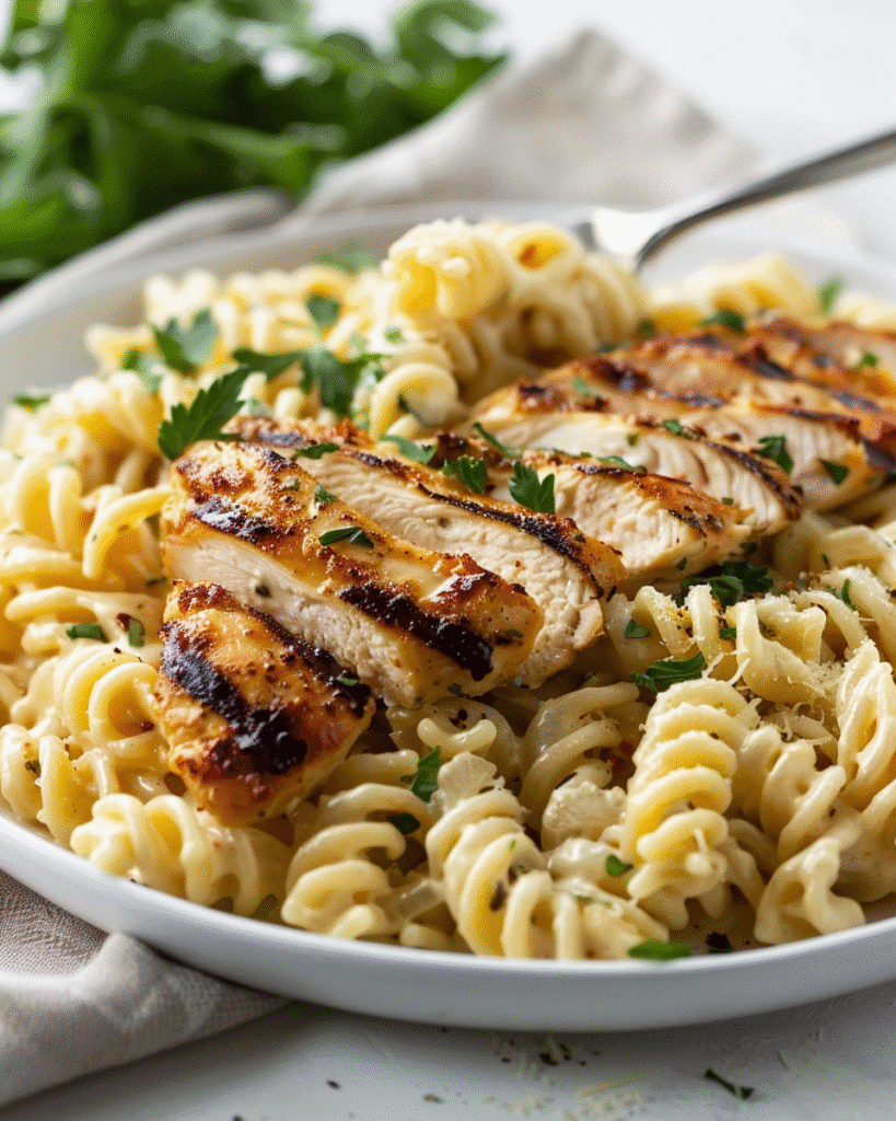 Creamy Garlic Parmesan Chicken with Cheesy Twisted Pasta